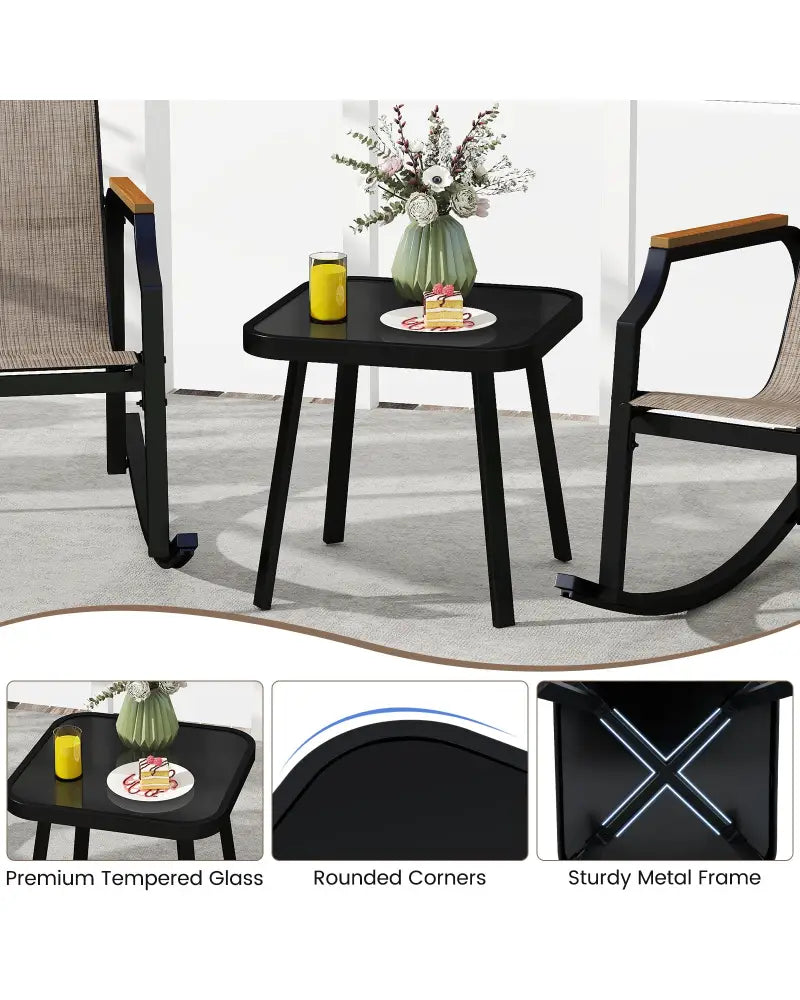 3 Piece Patio Rocking Bistro Set with Tempered Glass Coffee Table and Armrests for Porch-Brown - Brown - Patio