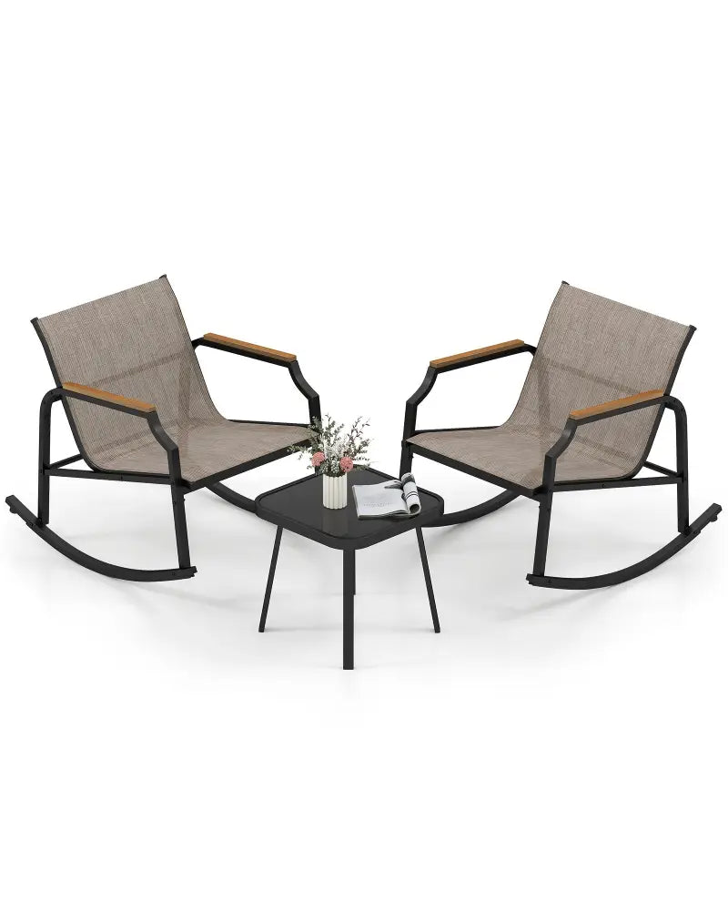 3 Piece Patio Rocking Bistro Set with Tempered Glass Coffee Table and Armrests for Porch-Brown - Brown - Patio