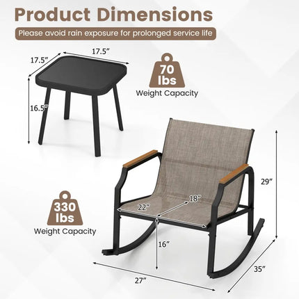 3 Piece Patio Rocking Bistro Set with Tempered Glass Coffee Table and Armrests for Porch-Brown - Brown - Patio