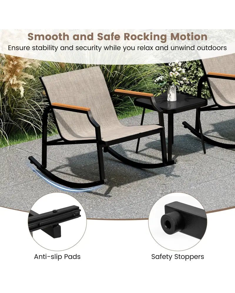 3 Piece Patio Rocking Bistro Set with Tempered Glass Coffee Table and Armrests for Porch-Brown - Brown - Patio