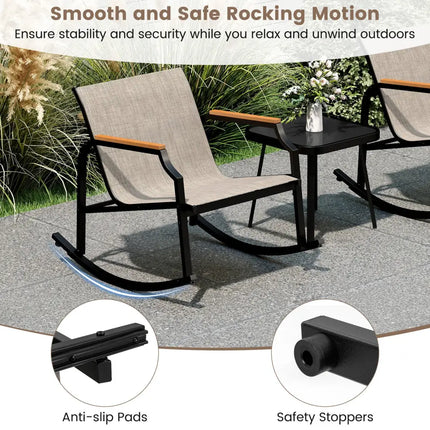 3 Piece Patio Rocking Bistro Set with Tempered Glass Coffee Table and Armrests for Porch-Brown - Brown - Patio