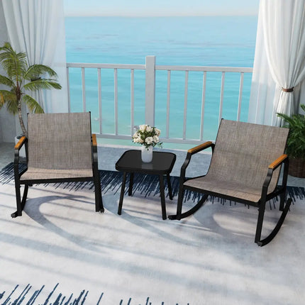 3 Piece Patio Rocking Bistro Set with Tempered Glass Coffee Table and Armrests for Porch-Brown - Brown - Patio