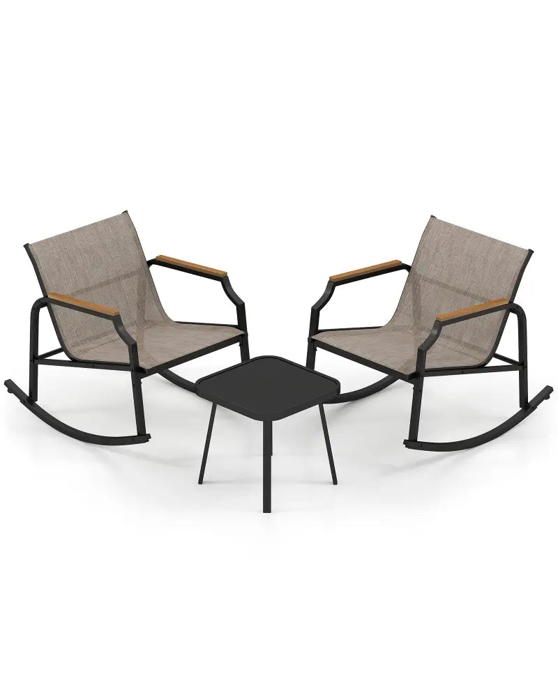 3 Piece Patio Rocking Bistro Set with Tempered Glass Coffee Table and Armrests for Porch-Brown - Brown - Patio