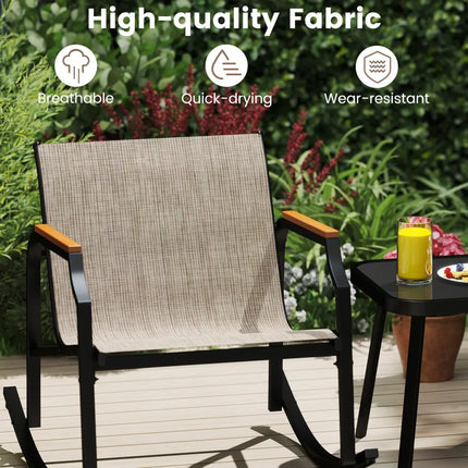 3 Piece Patio Rocking Bistro Set with Tempered Glass Coffee Table and Armrests for Porch-Brown - Brown - Patio
