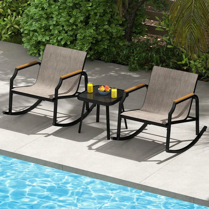 3 Piece Patio Rocking Bistro Set with Tempered Glass Coffee Table and Armrests for Porch-Brown - Brown - Patio