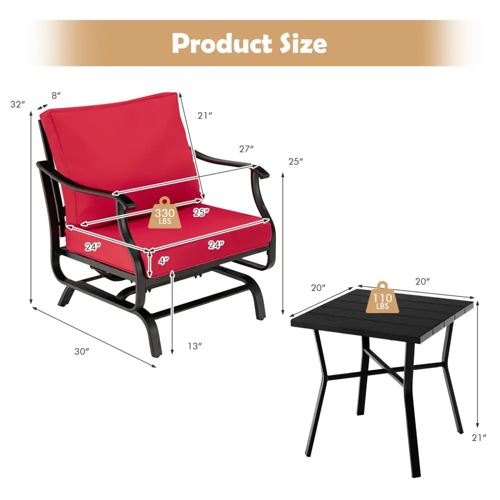3 Piece Patio Rocking Chair Set with Coffee Table-Red - Red - Patio Conversation Sets