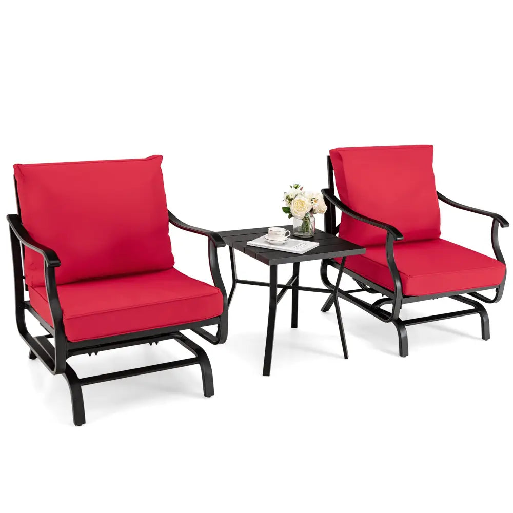 3 Piece Patio Rocking Chair Set with Coffee Table-Red - Red - Patio Conversation Sets