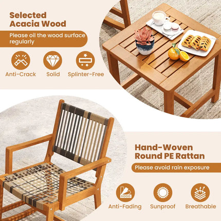 3 Piece Patio Rocking Set Acacia Wood Rocker Bistro Set with Rattan Seat and Back - Brown - Patio Conversation Sets
