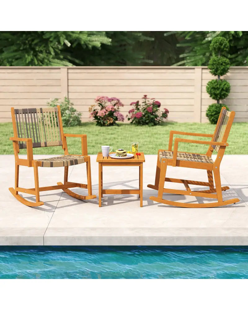 3 Piece Patio Rocking Set Acacia Wood Rocker Bistro Set with Rattan Seat and Back - Brown - Patio Conversation Sets