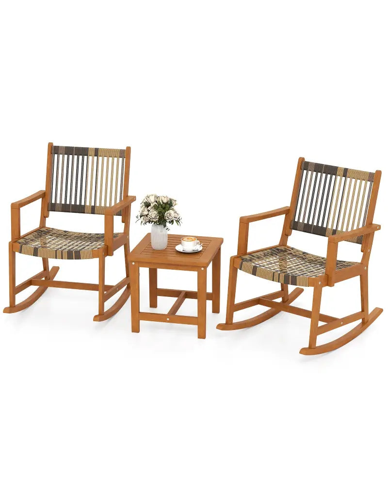 3 Piece Patio Rocking Set Acacia Wood Rocker Bistro Set with Rattan Seat and Back - Brown - Patio Conversation Sets