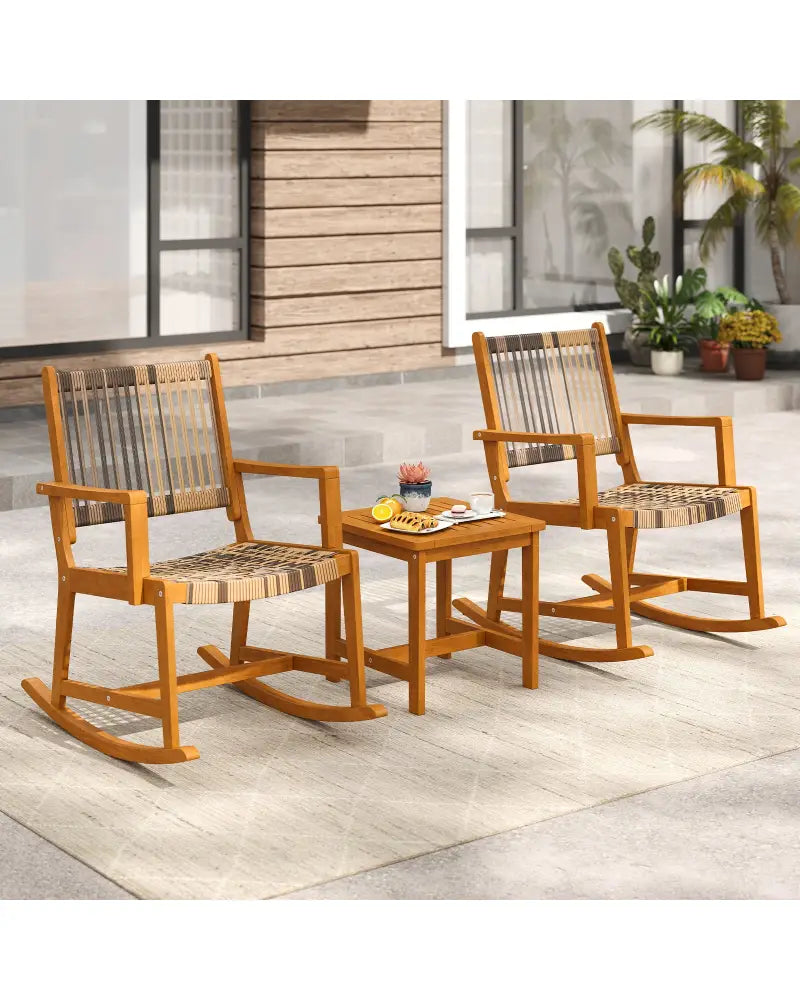 3 Piece Patio Rocking Set Acacia Wood Rocker Bistro Set with Rattan Seat and Back - Brown - Patio Conversation Sets