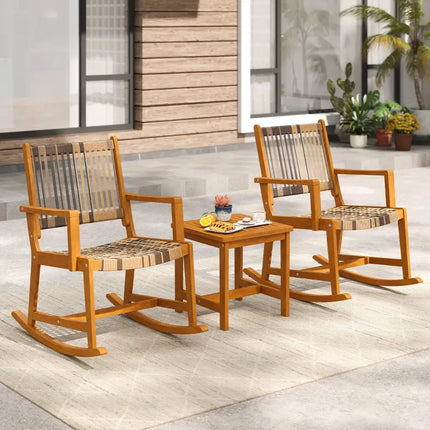 3 Piece Patio Rocking Set Acacia Wood Rocker Bistro Set with Rattan Seat and Back - Brown - Patio Conversation Sets