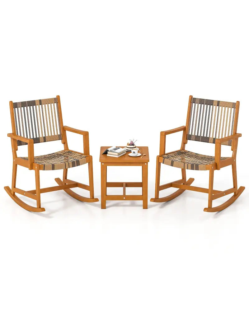 3 Piece Patio Rocking Set Acacia Wood Rocker Bistro Set with Rattan Seat and Back - Brown - Patio Conversation Sets