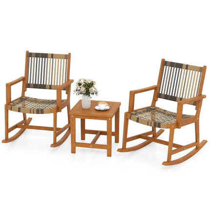3 Piece Patio Rocking Set Acacia Wood Rocker Bistro Set with Rattan Seat and Back - Brown - Patio Conversation Sets