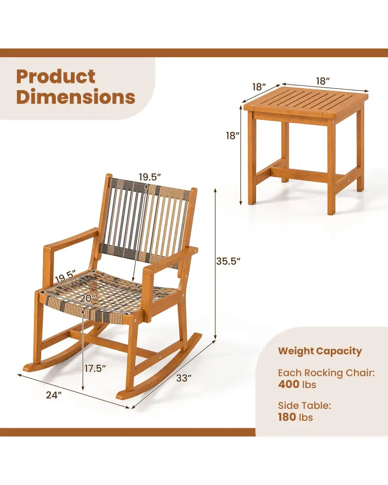 3 Piece Patio Rocking Set Acacia Wood Rocker Bistro Set with Rattan Seat and Back - Brown - Patio Conversation Sets