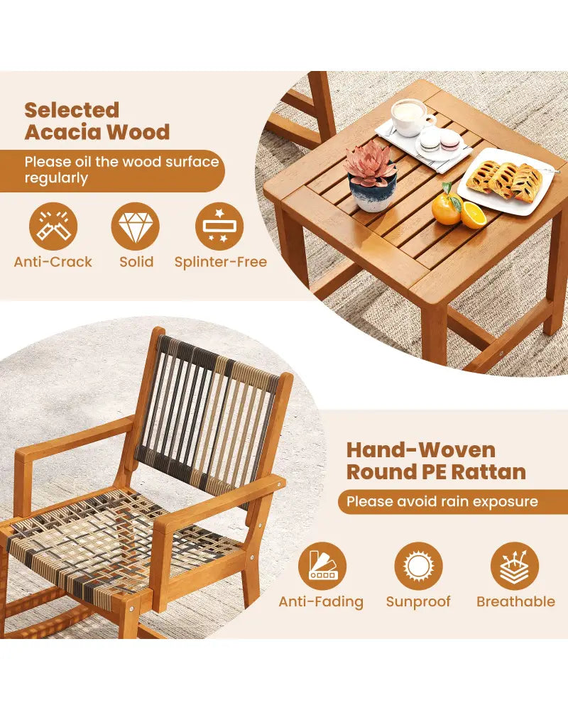 3 Piece Patio Rocking Set Acacia Wood Rocker Bistro Set with Rattan Seat and Back - Brown - Patio Conversation Sets