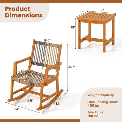 3 Piece Patio Rocking Set Acacia Wood Rocker Bistro Set with Rattan Seat and Back - Brown - Patio Conversation Sets