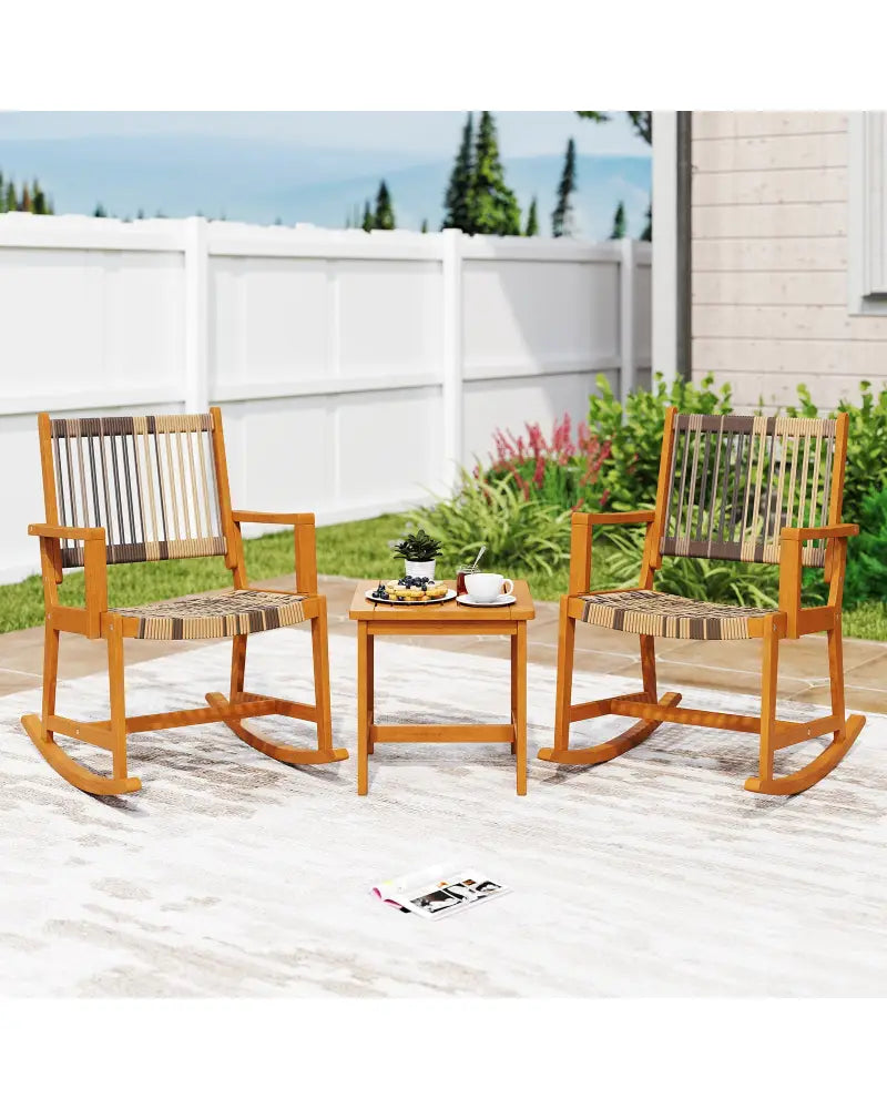 3 Piece Patio Rocking Set Acacia Wood Rocker Bistro Set with Rattan Seat and Back - Brown - Patio Conversation Sets