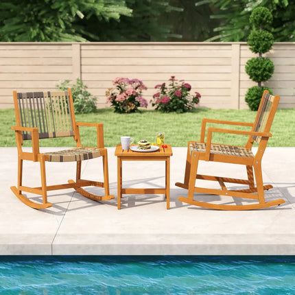3 Piece Patio Rocking Set Acacia Wood Rocker Bistro Set with Rattan Seat and Back - Brown - Patio Conversation Sets
