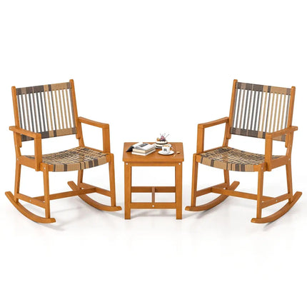 3 Piece Patio Rocking Set Acacia Wood Rocker Bistro Set with Rattan Seat and Back - Brown - Patio Conversation Sets