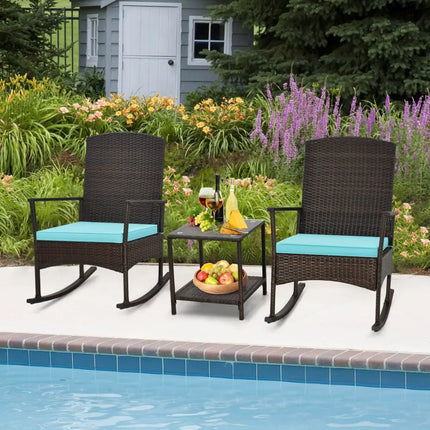 3 Piece Patio Rocking Set Wicker Rocking Chairs with 2-Tier Coffee Table-Turquoise - Turquoise - Patio Conversation Sets