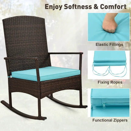 3 Piece Patio Rocking Set Wicker Rocking Chairs with 2-Tier Coffee Table-Turquoise - Turquoise - Patio Conversation Sets