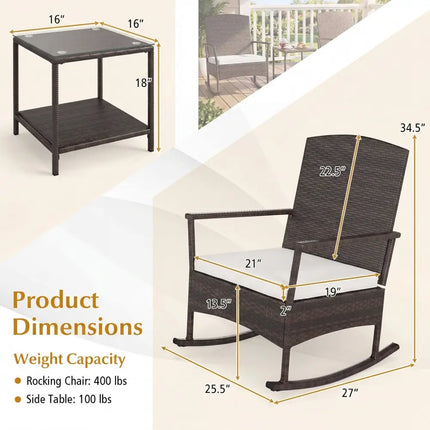 3 Piece Patio Rocking Set Wicker Rocking Chairs with 2-Tier Coffee Table-Off White - Off White - Patio Conversation Sets