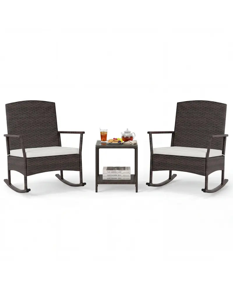 3 Piece Patio Rocking Set Wicker Rocking Chairs with 2-Tier Coffee Table-Off White - Off White - Patio Conversation Sets