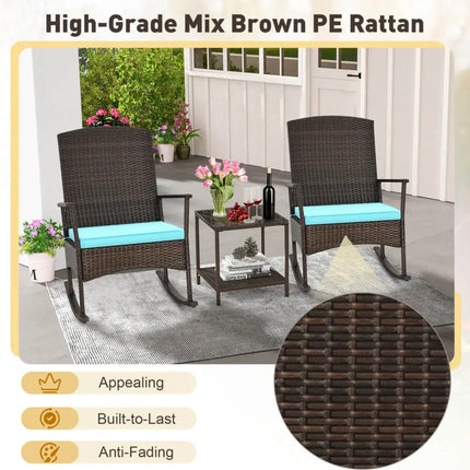 3 Piece Patio Rocking Set Wicker Rocking Chairs with 2-Tier Coffee Table-Turquoise - Turquoise - Patio Conversation Sets