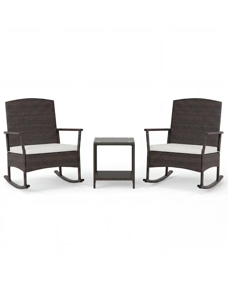 3 Piece Patio Rocking Set Wicker Rocking Chairs with 2-Tier Coffee Table-Off White - Off White - Patio Conversation Sets