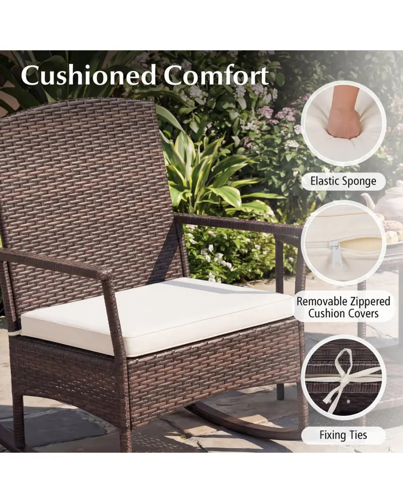 3 Piece Patio Rocking Set Wicker Rocking Chairs with 2-Tier Coffee Table-Off White - Off White - Patio Conversation Sets
