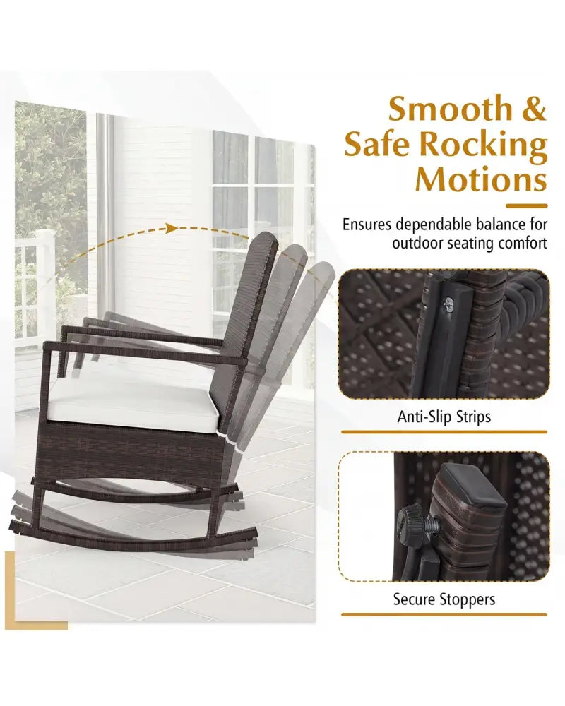 3 Piece Patio Rocking Set Wicker Rocking Chairs with 2-Tier Coffee Table-Off White - Off White - Patio Conversation Sets
