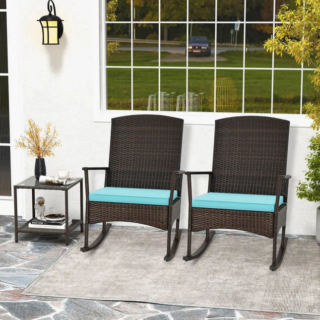 3 Piece Patio Rocking Set Wicker Rocking Chairs with 2-Tier Coffee Table-Turquoise - Turquoise - Patio Conversation Sets