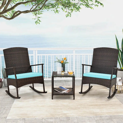 3 Piece Patio Rocking Set Wicker Rocking Chairs with 2-Tier Coffee Table-Turquoise - Turquoise - Patio Conversation Sets