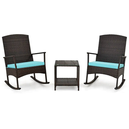 3 Piece Patio Rocking Set Wicker Rocking Chairs with 2-Tier Coffee Table-Turquoise - Turquoise - Patio Conversation Sets