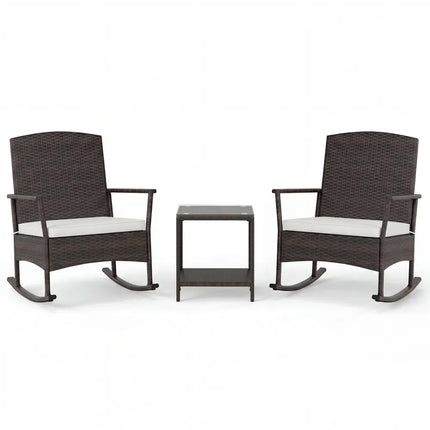 3 Piece Patio Rocking Set Wicker Rocking Chairs with 2-Tier Coffee Table-Off White - Off White - Patio Conversation Sets