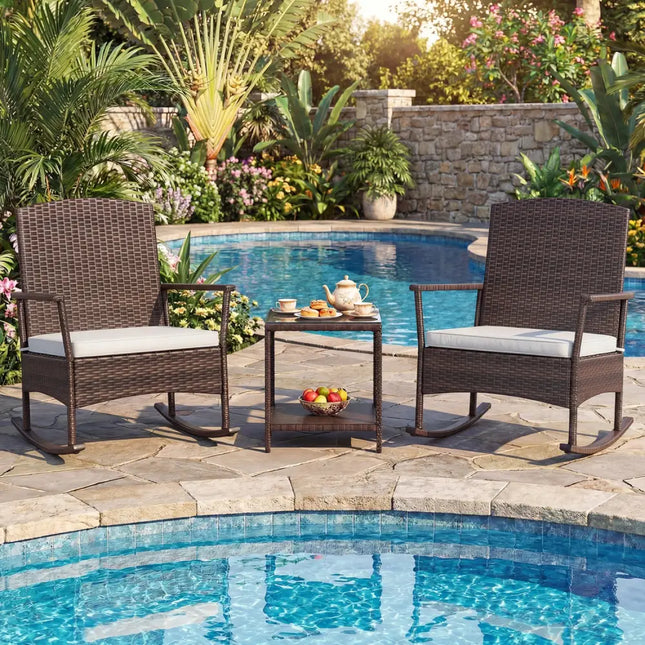 3 Piece Patio Rocking Set Wicker Rocking Chairs with 2-Tier Coffee Table-Off White - Off White - Patio Conversation Sets