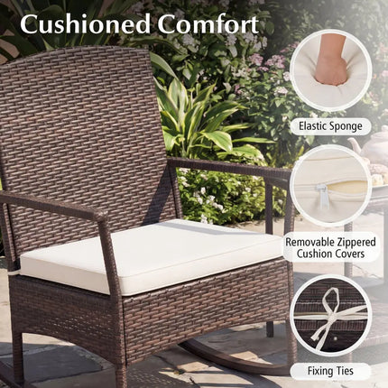 3 Piece Patio Rocking Set Wicker Rocking Chairs with 2-Tier Coffee Table-Off White - Off White - Patio Conversation Sets