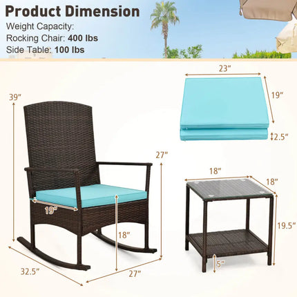 3 Piece Patio Rocking Set Wicker Rocking Chairs with 2-Tier Coffee Table-Turquoise - Turquoise - Patio Conversation Sets