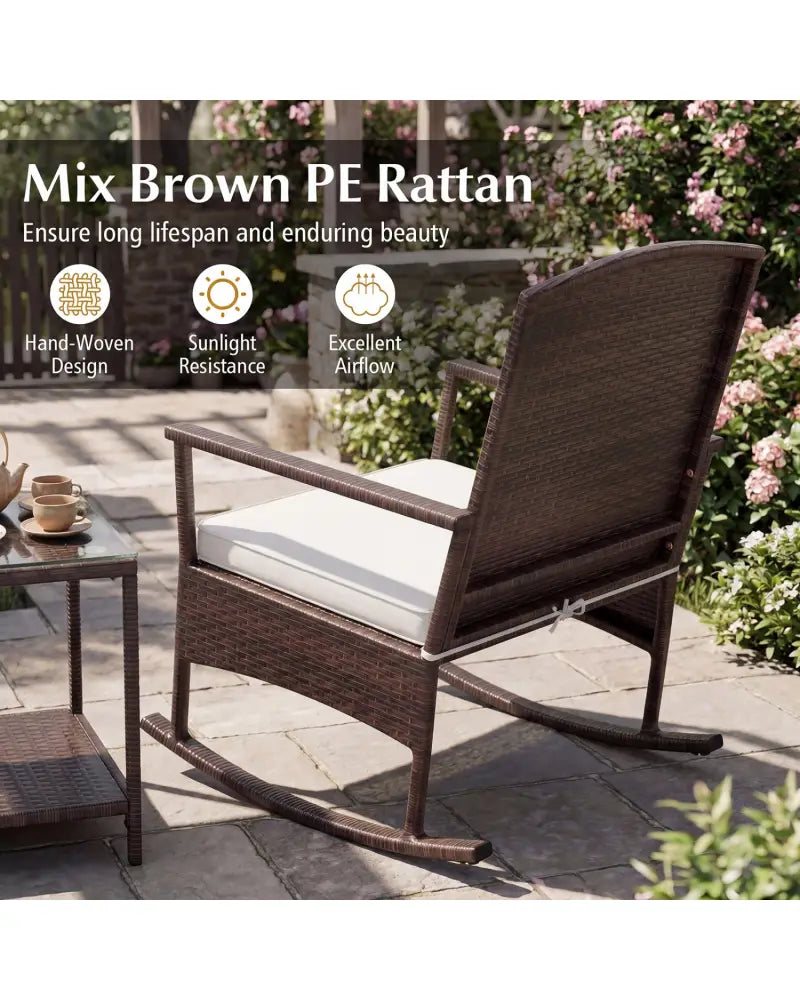 3 Piece Patio Rocking Set Wicker Rocking Chairs with 2-Tier Coffee Table-Off White - Off White - Patio Conversation Sets