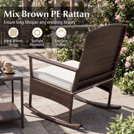 3 Piece Patio Rocking Set Wicker Rocking Chairs with 2-Tier Coffee Table-Off White - Off White - Patio Conversation Sets