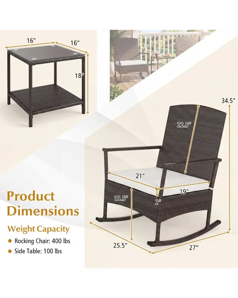 3 Piece Patio Rocking Set Wicker Rocking Chairs with 2-Tier Coffee Table-Off White - Off White - Patio Conversation Sets