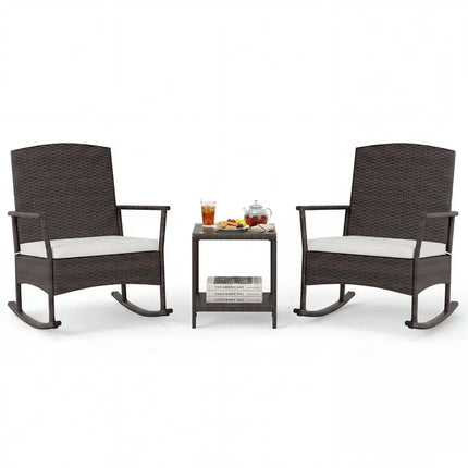 3 Piece Patio Rocking Set Wicker Rocking Chairs with 2-Tier Coffee Table-Off White - Off White - Patio Conversation Sets
