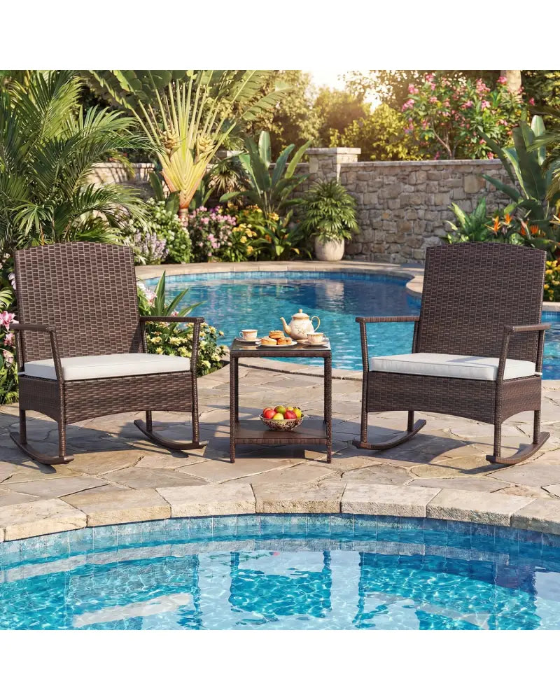 3 Piece Patio Rocking Set Wicker Rocking Chairs with 2-Tier Coffee Table-Off White - Off White - Patio Conversation Sets