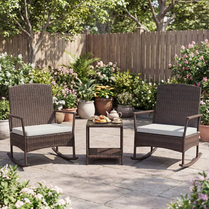3 Piece Patio Rocking Set Wicker Rocking Chairs with 2-Tier Coffee Table-Off White - Off White - Patio Conversation Sets