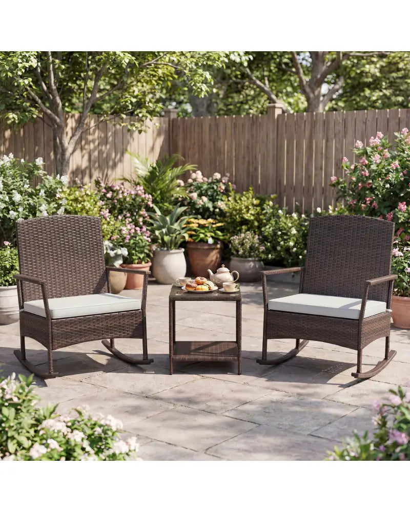 3 Piece Patio Rocking Set Wicker Rocking Chairs with 2-Tier Coffee Table-Off White - Off White - Patio Conversation Sets