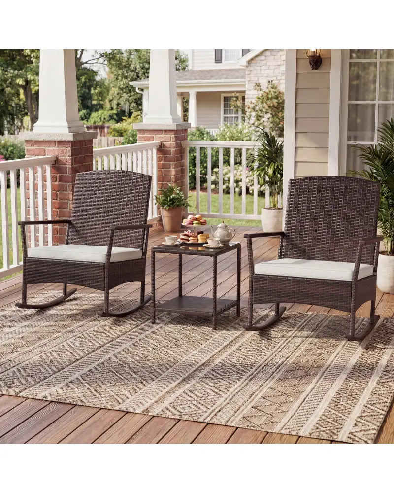 3 Piece Patio Rocking Set Wicker Rocking Chairs with 2-Tier Coffee Table-Off White - Off White - Patio Conversation Sets