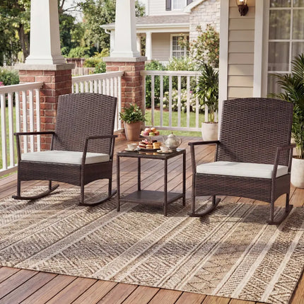 3 Piece Patio Rocking Set Wicker Rocking Chairs with 2-Tier Coffee Table-Off White - Off White - Patio Conversation Sets