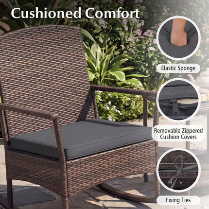 3 Piece Patio Rocking Set Wicker Rocking Chairs with 2-Tier Coffee Table-Gray - Gray - Patio Conversation Sets