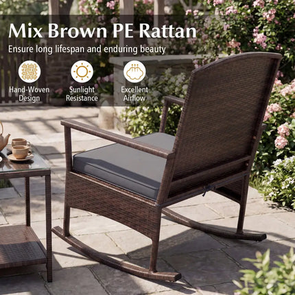 3 Piece Patio Rocking Set Wicker Rocking Chairs with 2-Tier Coffee Table-Gray - Gray - Patio Conversation Sets